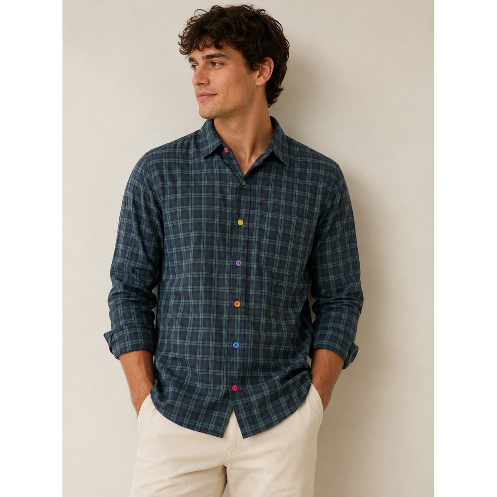 Beams Shirt Mens Medium Green Blue Plaid Multi Color Button Long Sleeve Cotton